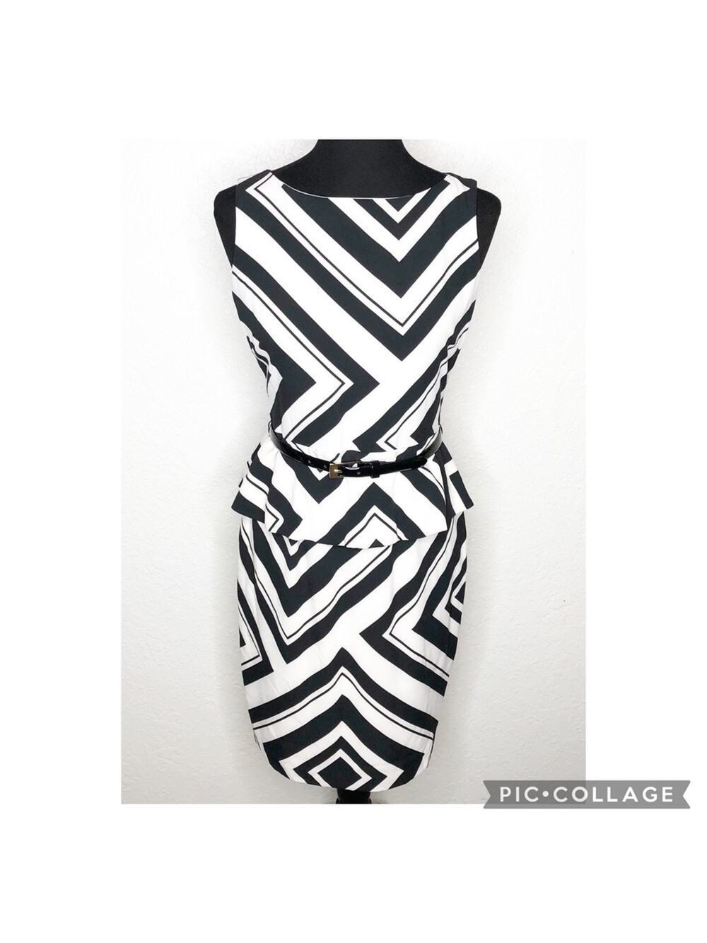 Cache black white chevron peplum belted sleeveless sheath dress size 6 NWOT